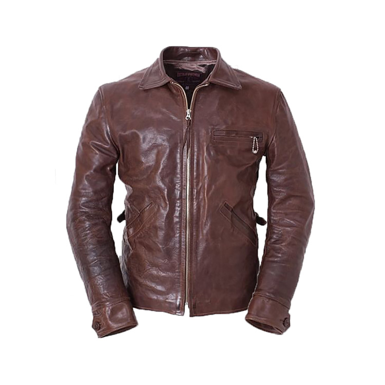 Men’s brown genuine leather jacket with collar and front zip made in Sialkot, Pakistan